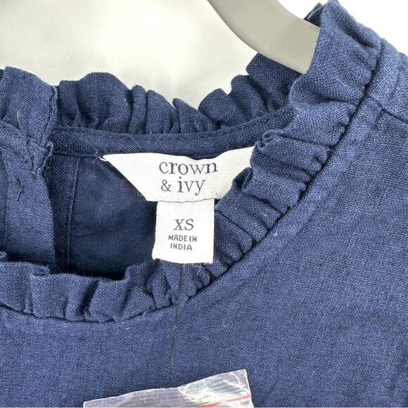 Crown & Ivy Linen Sleeveless Ruffle Neck Dress in navy Size XS - Picture 3 of 8